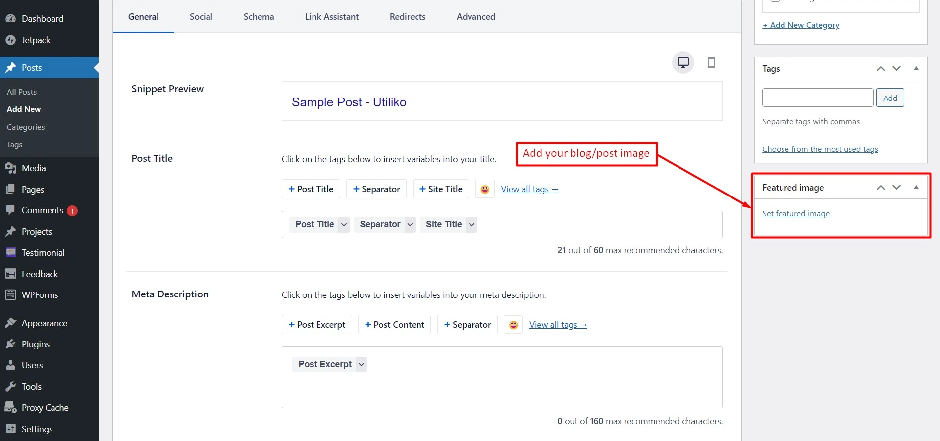 Utiliko blog add featured image