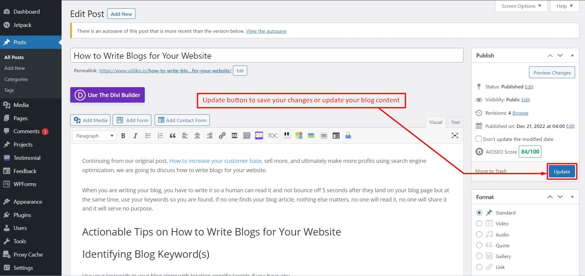 Utiliko blog update button